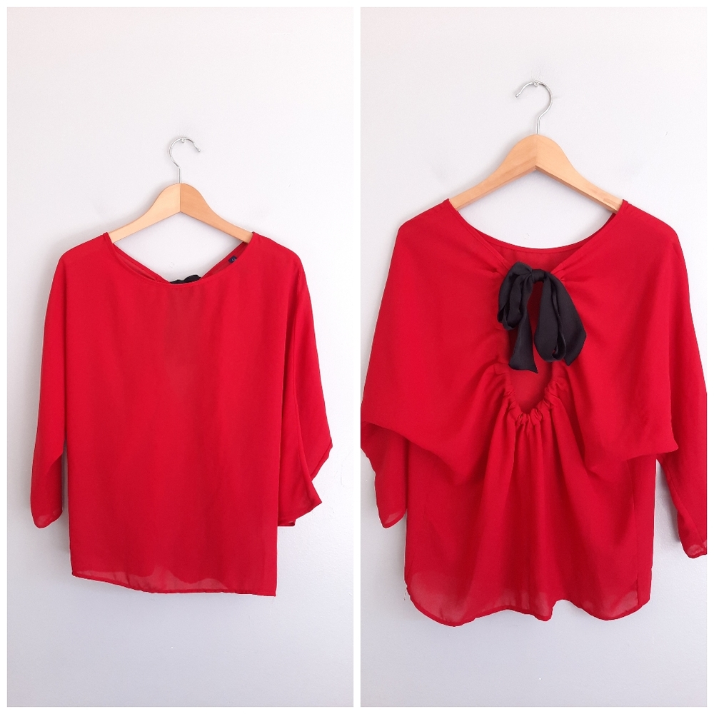 Final Touch Red Semi Sheer Ribbon Detail Top